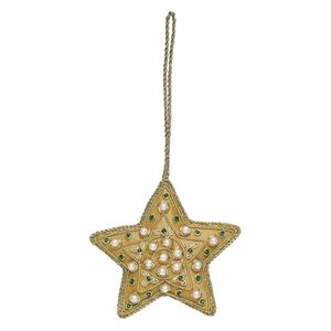 Ornament, organza / glass / gold-finished copper, tan / white / green, 6-1/2 inches with 3-1/4 x 3-inch single-sided star. Sold individually.