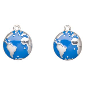 Charm, antique silver-finished enamel "pewter" (zinc-based alloy), blue, 18mm domed globe. Sold per pkg of 2.