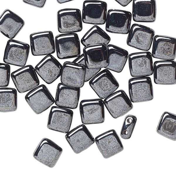 Bead, Preciosa, Czech pressed glass, opaque hematite, 6x6mm flat square with (2) 0.7mm holes. Sold per pkg of 40. image number 0