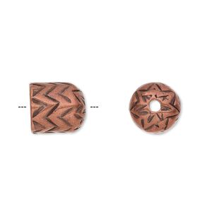 Cord end, antique copper-plated pewter (tin-based alloy), 11x10mm round tube with zigzag design, 7.5mm inside diameter. Sold individually.