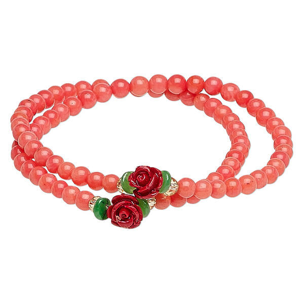 Bracelet, stretch wrap, bamboo coral (dyed) / glass / resin, multicolored, 8mm rose, 7 inches. Sold individually. image number 0