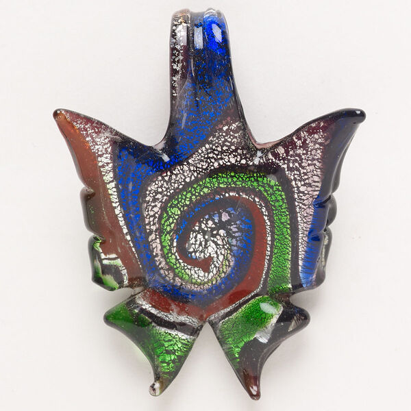 Focal, lampworked glass, pkg/1, opaque blue/green/red with silver-colored foil, 45x41mm-57x45mm top-drilled butterfly. image number 0