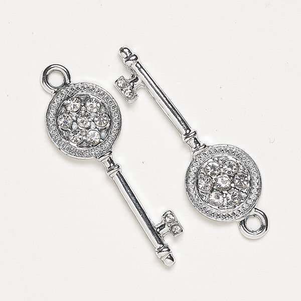 Charm, "pewter" (zinc-based alloy) and glass, pkg/2, silver finish and clear, 30x11mm single-sided key. image number 0