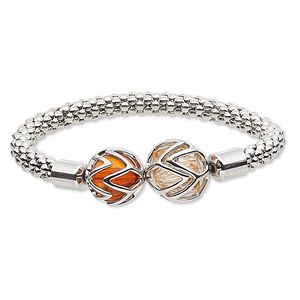 Bracelet, stretch, glass with silver-finished steel and "pewter" (zinc-based alloy), peach and dark orange, 16mm round, 6-1/2 inches. Sold individually.