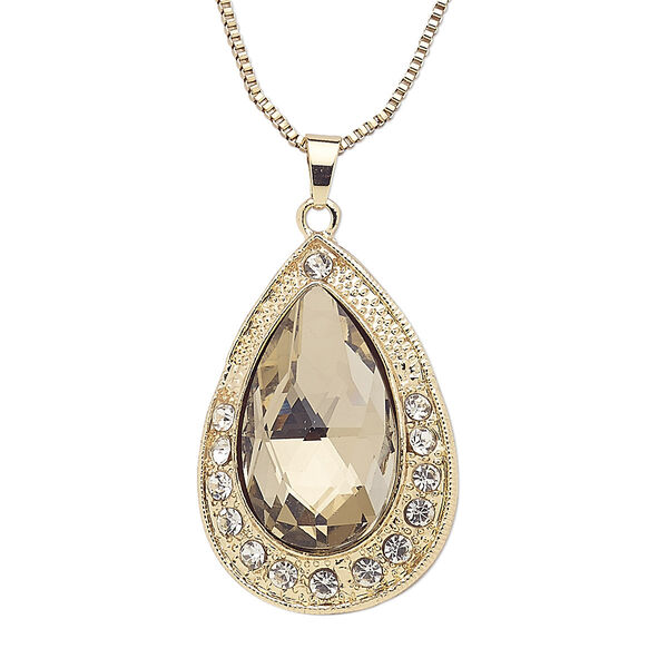 Necklace, glass rhinestone / glass / gold-finished steel / "pewter" (zinc-based alloy), topaz brown and clear, 55x38mm teardrop, 28 inches with 3-inch extender chain and lobster claw clasp. Sold individually. image number 0