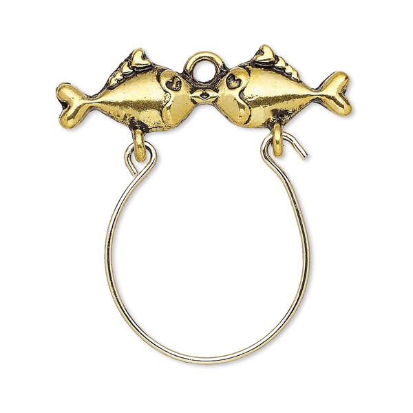 Focal, antique gold-finished "pewter" (zinc-based alloy) and steel, 34x31mm single-sided charm holder with 31x8mm kissing fish. Sold per pkg of 2. image number 0
