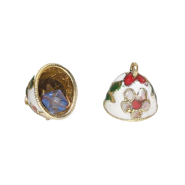Bell, cloisonn&eacute; 1pkg2, gold-finished brass and enamel, white and multicolored, 12x10mm bell with flower and bead clapper. image number 0