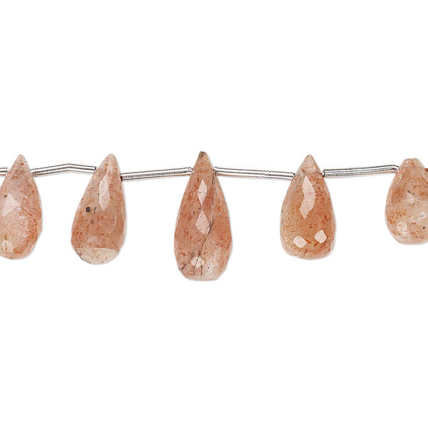 Bead, sunstone (natural), 8x5mm-11x6mm graduated hand-cut top-drilled faceted briolette, B grade, Mohs hardness 6 to 6-1/2. Sold per 4-inch strand, approximately 11 beads. image number 0