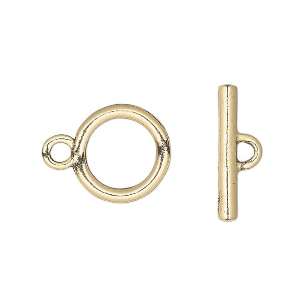 Clasp, toggle, gold-plated pewter (tin-based alloy), 14mm round. Sold per pkg of 4. image number 0