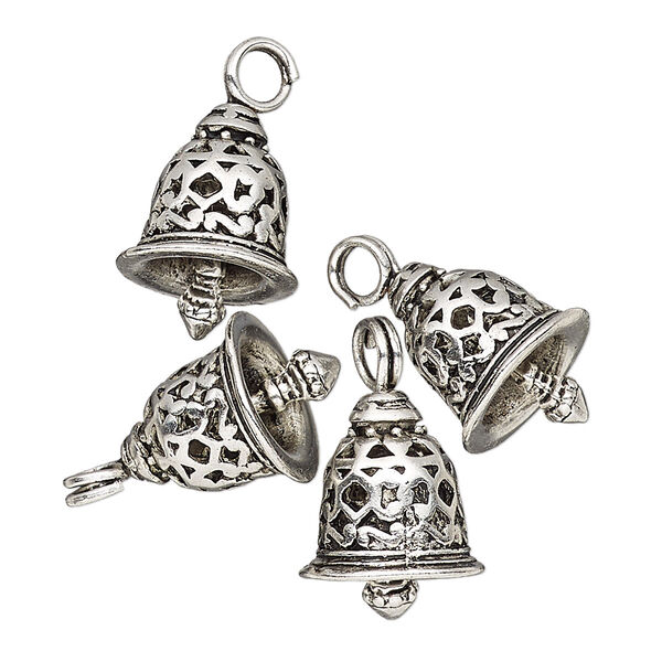 Charm, antique silver-finished "pewter" (zinc-based alloy), 16.5x12mm textured bell with cutout design. Sold per pkg of 4. image number 0