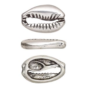 Component, antique silver-finished pewter (tin-based alloy), 19x12mm two-sided cowrie. Sold per pkg of 10.