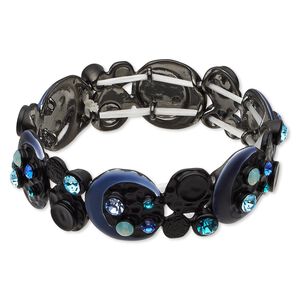 Bracelet, stretch, Czech glass rhinestone / epoxy / gunmetal-finished "pewter" (zinc-based alloy), multicolored, 20mm wide with flat round and painted design, 7 inches. Sold individually.