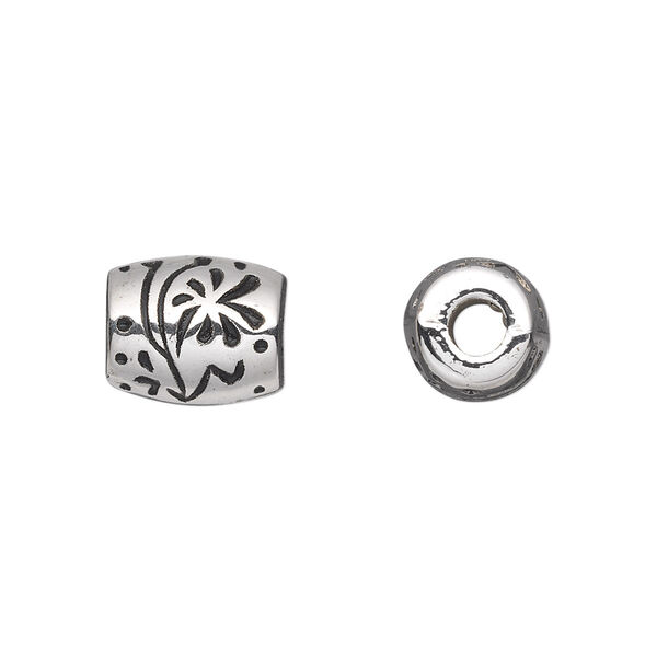 Bead, antique silver-finished copper-coated plastic, 12x10mm barrel with flowers. Sold per 50-gram pkg, approximately 55 beads. image number 0