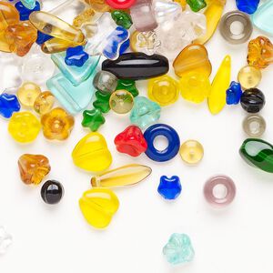Bead mix, pressed glass, opaque to transparent mixed colors, 6mm-14x9mm mixed shapes with 0.6-3.5mm hole. Sold per 75-gram pkg.
