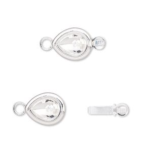 Clasp, Almost Instant Jewelry®, tab, silver-plated brass, 12x10mm teardrop with 8x6mm pear setting. Sold per pkg of 4.