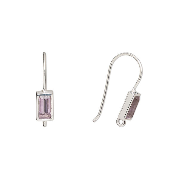 Ear wire, amethyst (natural) and sterling silver, 16mm fishhook with 7x4mm rectangle and closed loop, 22 gauge. Sold per pair. image number 0
