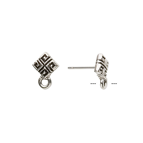 Earstud, stainless steel and antique silver-plated pewter (tin-based alloy), 8mm diamond with square pattern and closed loop. Sold per pkg of 2 pairs. image number 0