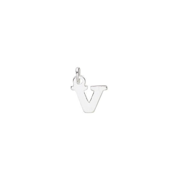 Charm, sterling silver, 8x7mm block alphabet letter "V." Sold individually. image number 0