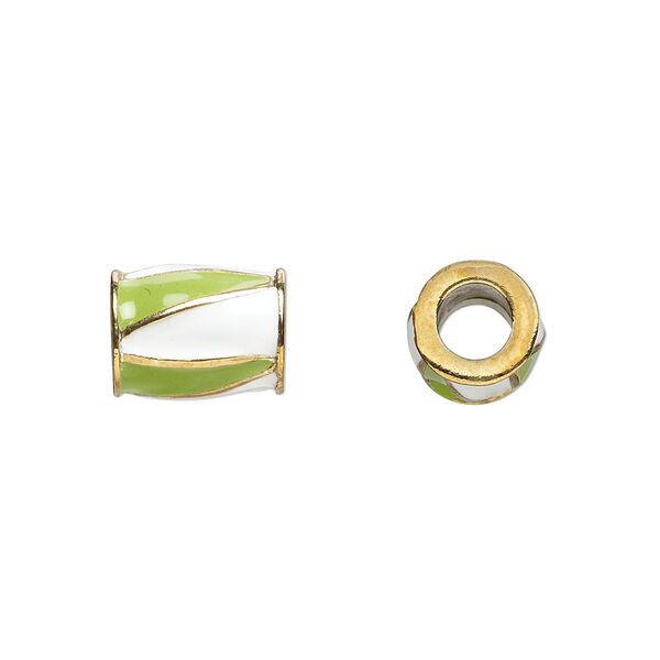 Bead, Dione®, gold-finished "pewter" (zinc-based alloy) and enamel, opaque lime green and white, 12x9mm barrel with triangle design, 5mm hole. Sold individually. image number 0