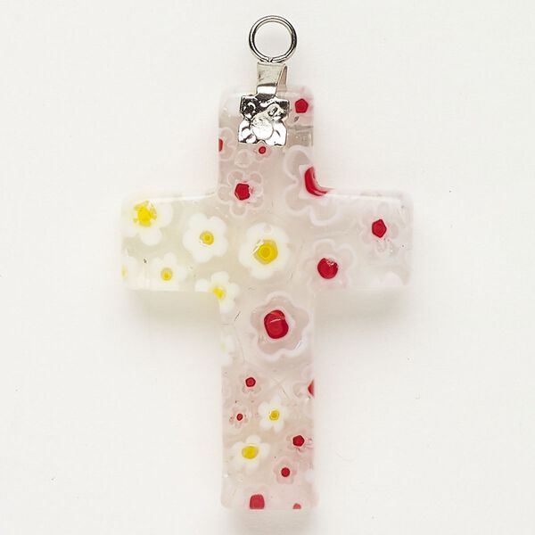 Focal 1pkg1 silver-finished steel and millefiori glass, translucent and transparent multicolored, 33x23mm-35x24mm cross. image number 0