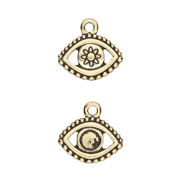 Charm, TierraCast®, "Happy Go Lucky" collection, antique gold-plated pewter (tin-based alloy), 16x11mm two-sided evil eye with SS20 flat back glue-in setting. Sold per pkg of 2. image number 0