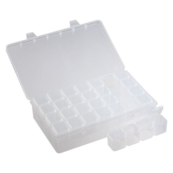 Organizer box, plastic, clear, 9 x 5-1/4 x 2-inch rectangle with tray insert, (7) 4-cell containers and snap top. Sold individually. image number 1