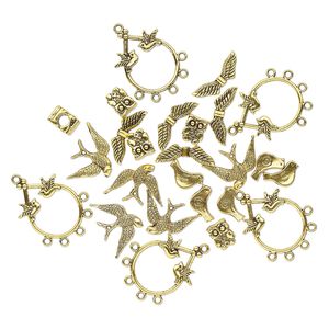 Bead / charm / drop, antique gold-finished "pewter" (zinc-based alloy), 11x9mm-29x23mm single- and double-sided assorted bird. Sold per pkg of 25.