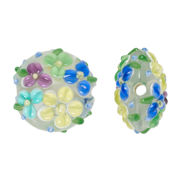 Bead, lampworked glass, translucent multicolored, 20mm puffed flat round with flower design. Sold per pkg of 2. image number 0