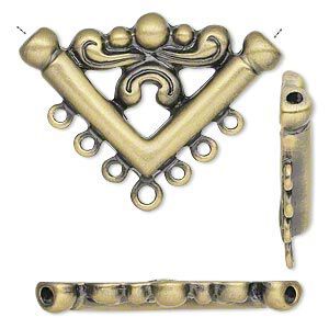 Connector, antique gold-plated "pewter" (zinc-based alloy), 35x22mm filigree V-shape with 7 loops. Sold per pkg of 2.