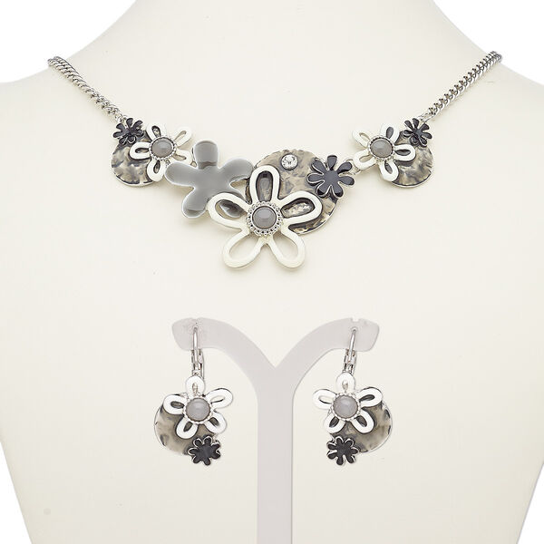 Necklace and earring set, acrylic / enamel / glass rhinestone / imitation rhodium-plated steel / "pewter" (zinc-based alloy), multicolored, flower, 18-inch necklace with 2-inch extender chain and lobster claw clasp, 34mm earrings with leverback ear wire. Sold per set. image number 0