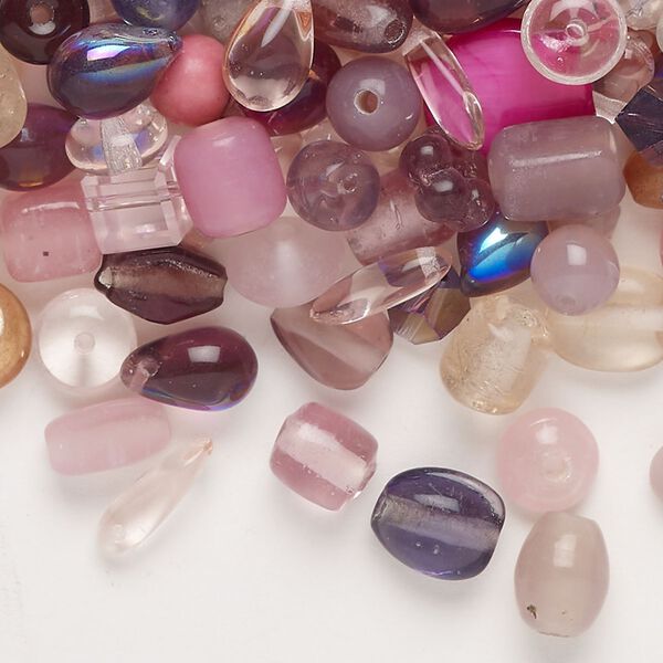 Bead mix, glass / plastic / acrylic / mother-of-pearl shell (dyed), opaque and translucent multi-pink and multi-purple, 7x4mm-12x6mm mixed shapes. Sold per 100-gram pkg, approximately 500 beads. image number 0
