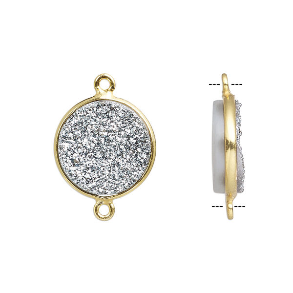 Link, titanium- / electro-coated druzy agate (coated) / gold-finished sterling silver, antique silver, 15mm hand-cut single-sided flat round. Sold individually. image number 0