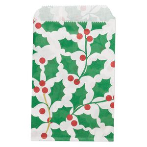 Bag, paper, green / red / white, 6x4 inches with holly design and scalloped top edge. Sold per pkg of 100.