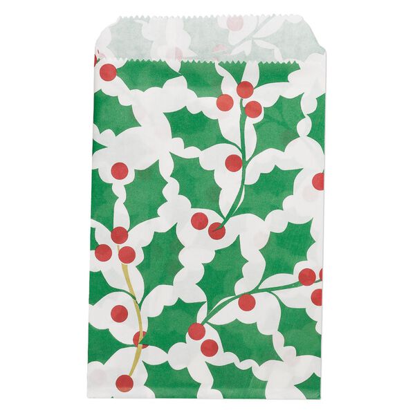 Bag, paper, green / red / white, 6x4 inches with holly design and scalloped top edge. Sold per pkg of 100. image number 0