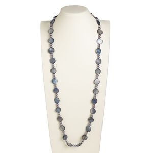 Necklace, glass pearl and mother-of-pearl shell (dyed), blue-grey and grey, 20mm flat round and 8mm round, 44-inch continuous loop. Sold individually.
