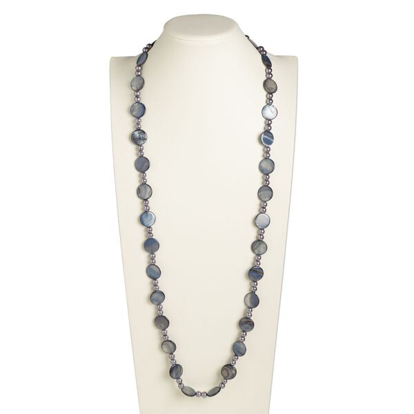 Necklace, glass pearl and mother-of-pearl shell (dyed), blue-grey and grey, 20mm flat round and 8mm round, 44-inch continuous loop. Sold individually. image number 0