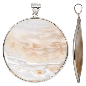 Pendant, blister pearl shell (natural) and sterling silver, 38-40mm round. Sold individually.