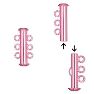 Clasp, 3-strand slide lock, electro-coated brass, pink, 21.5x6mm tube. Sold per pkg of 2.