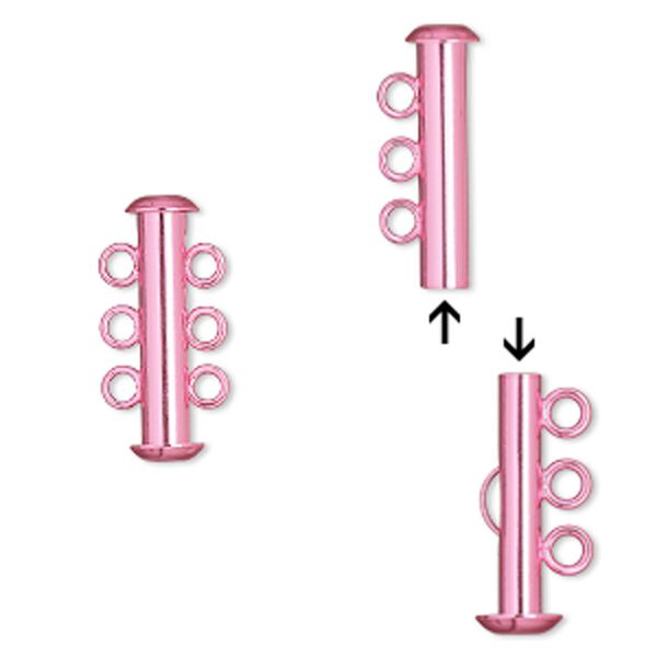 Clasp, 3-strand slide lock, electro-coated brass, pink, 21.5x6mm tube. Sold per pkg of 2. image number 0