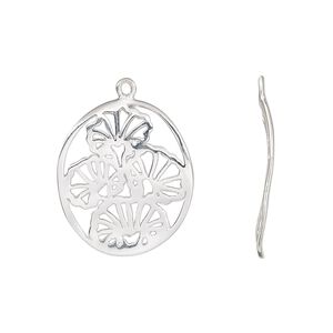 Drop, sterling silver, 21x18mm single-sided wavy oval with cutout ginkgo leaves. Sold individually.