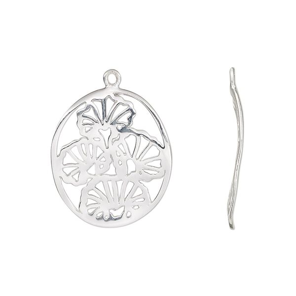 Drop, sterling silver, 21x18mm single-sided wavy oval with cutout ginkgo leaves. Sold individually. image number 0
