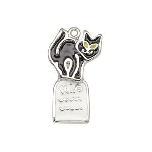 Charm, enamel and silver-plated "pewter" (zinc-based alloy), black / white / yellow, 28x16mm single-sided cat on tombstone. Sold individually.
