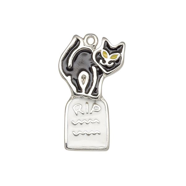 Charm, enamel and silver-plated "pewter" (zinc-based alloy), black / white / yellow, 28x16mm single-sided cat on tombstone. Sold individually. image number 0