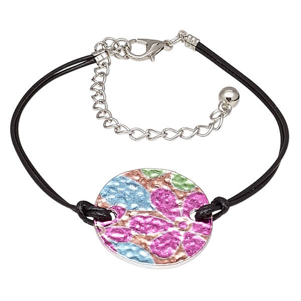 Bracelet, mylar / waxed cotton cord / imitation rhodium-plated steel / "pewter" (zinc-based alloy), black and multicolored, 27mm round with flower design, 7-1/2 inches with 3-inch extender chain and lobster claw clasp. Sold individually. image number 0