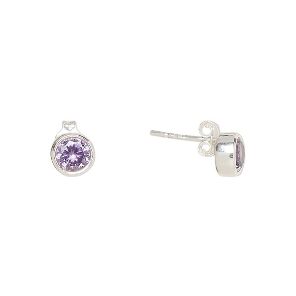 Earstud, Create Compliments®, cubic zirconia and sterling silver, amethyst purple, 6.5mm round. Sold per pair. image number 0