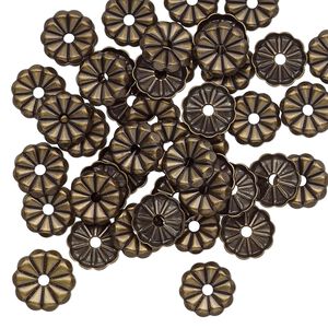Washer, brass, 7mm single-sided flat round flower with pressed petal design and 1.4mm hole. Sold per pkg of 50.