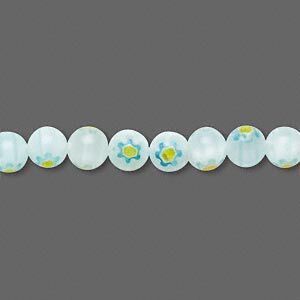Bead, millefiori glass, teal green/blue/yellow, 6mm round. Sold per 15" to 16" strand.