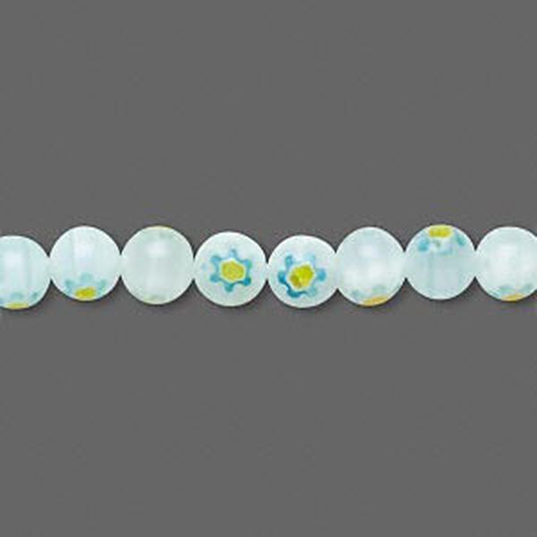 Bead, millefiori glass, teal green/blue/yellow, 6mm round. Sold per 15" to 16" strand. image number 0