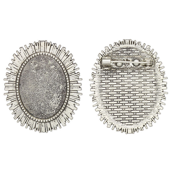 Brooch back, glue-in, antique silver-finished "pewter" (zinc-based alloy), 35.5x29.5mm single-sided oval with textured edge with 25x18mm oval setting. Sold per pkg of 2. image number 0
