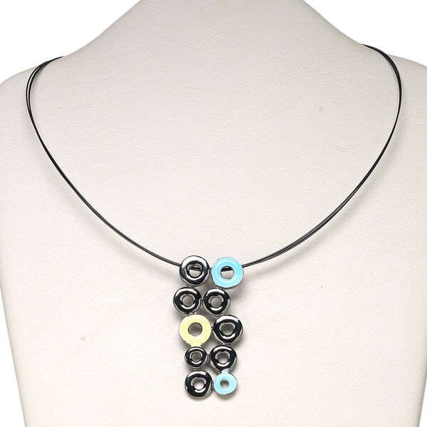 Necklace, 2-strand, gunmetal-finished "pewter" (zinc-based alloy) and steel, blue/yellow/black, 65x30mm multi-donut dangle, 16 inches with lobster claw clasp with 3-inch extender chain. Sold individually. image number 0